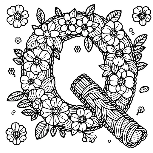 A wreath adorned with large, detailed flowers and leaves forms the letter 'Q'. A tightly bound bundle of twigs or straw is positioned at the lower right of the wreath, adding a rustic touch. Smaller flowers and leaves are scattered around, enhancing the floral theme. The composition is intricate and symmetrical, emphasizing nature’s beauty.