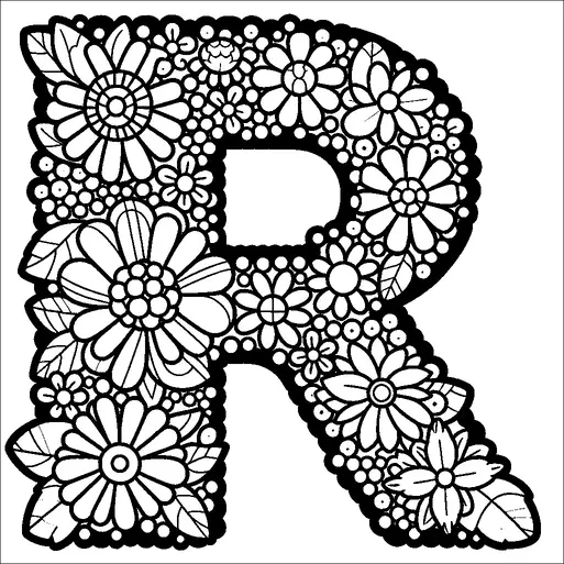 A large, bold letter "R" is filled with intricate floral patterns. Various flowers with different shapes and sizes decorate the interior, creating a dense and elaborate design. Leaves and circular motifs are interspersed among the flowers. The combination of flowers and leaves forms a harmonious and decorative appearance.