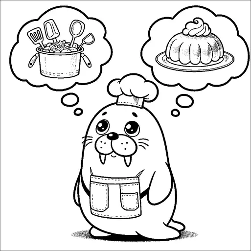 A cute walrus wearing a chef's hat and apron is imagining two dishes. One thought bubble shows a cooking pot filled with utensils, while the other displays a dessert topped with whipped cream. The walrus looks thoughtful, contemplating culinary creations. Its large eyes and friendly appearance add to its charm.