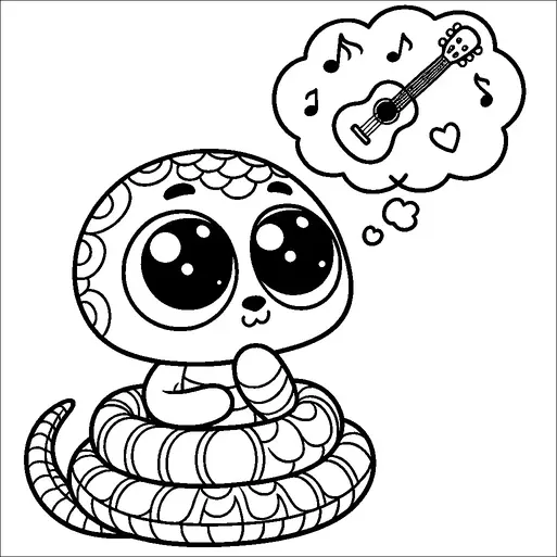 A cute cartoon snake with big eyes is sitting coiled up, appearing to be in a thoughtful mood. Above its head is a thought bubble filled with musical notes, a guitar, and heart symbols, suggesting it is dreaming or thinking about music. The snake's head and body have patterned scales, adding to its charming appearance. The expression on the snake's face is cheerful and endearing.