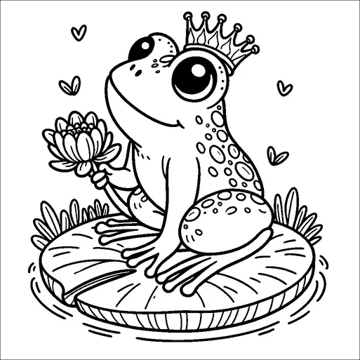 A frog wearing a crown sits on a lily pad, holding a flower. Small hearts float around the frog, adding a whimsical touch to the scene. The frog's large eyes and cheerful expression convey a playful and regal attitude. Grass surrounds the lily pad, completing the aquatic setting.