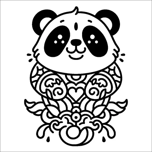 A cute panda is sitting upright with a happy expression, surrounded by intricate patterns and designs. The panda's face is characterized by large, expressive eyes and a smiling mouth. Its arms and legs are decorated with stylized swirls and heart shapes. The detailed background includes leaves and flowing ornamental elements.