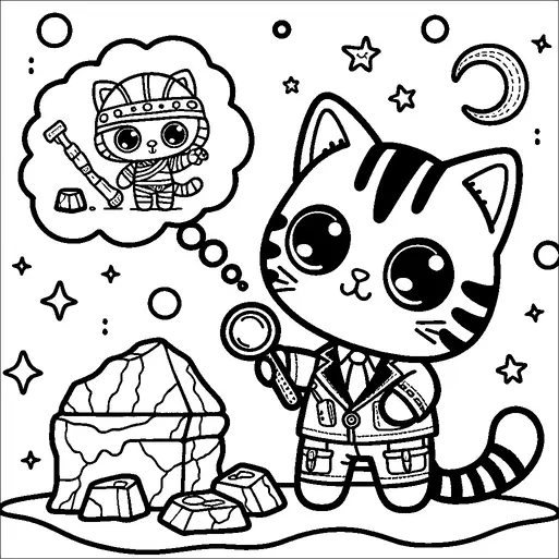 A cute cat is dressed as a detective, holding a magnifying glass and examining a pile of rocks under a starry night sky. There is a thought bubble above the cat's head, showing an image of a mummy cat with a staff. Stars and a crescent moon dot the background, adding a fantasy element to the scene. The detective cat appears to be solving a mystery related to the ancient or mythical mummy cat.