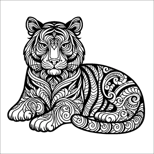 A detailed illustration of a tiger is filled with intricate patterns and designs. The tiger is seated, facing forward, with various swirls and shapes covering its entire body, including its face, paws, and tail. The patterns consist of symmetrical and repetitive motifs, giving it an ornate appearance. The composition highlights the majestic and serene presence of the tiger.