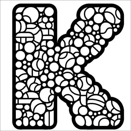 A large letter "K" is constructed from various sizes of overlapping circles and geometric shapes. The circles and shapes are filled with intricate patterns, creating a mosaic-like design. Bold, black outlines define each shape, giving the letter a distinct and artistic appearance. The design is symmetrical and visually striking.