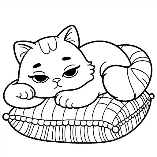 A sleepy cat is comfortably lounging on a patterned cushion. Its eyes are half-closed, giving it a relaxed and content expression. The cat's tail is curled around its body, and its paws are tucked cozily beneath its chin. The cushion is adorned with vertical stripes and decorative trim, adding a touch of elegance.