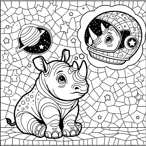 A small rhinoceros is sitting with a background of stars and planets, gazing contemplatively. In a thought bubble, the rhino imagines itself wearing an astronaut helmet, suggesting dreams of space exploration. A large planet with rings is depicted in the starry sky. The scene is playful and imaginative, blending wildlife with outer space elements.