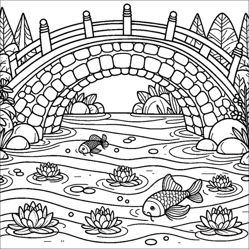 A stone bridge arches over a gently flowing river bordered by rocks and plants. Two fish swim in the water, surrounded by blooming water lilies. Tall trees and shrubs line the riverbank in the background. The scene is peaceful and natural, evoking a sense of tranquility.