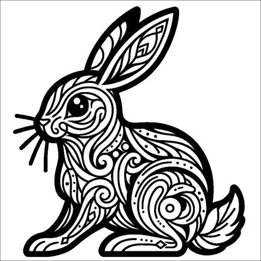 A whimsical rabbit is illustrated with intricate patterns and swirling designs covering its body. The rabbit stands in a profile pose, showcasing its long ears adorned with detailed embellishments. The patterns consist of curls, dots, and geometric shapes, creating a complex and artistic visual. Its expressive eye adds a lively touch to the overall composition.