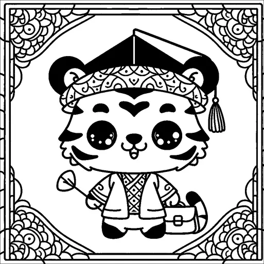 A cute tiger character is dressed in traditional attire, complete with a decorative hat and robe. The tiger holds a small object that resembles a fan and carries a satchel. The background features intricate floral patterns. This playful depiction gives the tiger a scholarly and charming appearance.