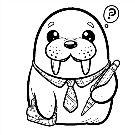 A cartoon walrus is dressed in a shirt and tie, holding a pencil and a briefcase, with a questioning expression indicated by a thought bubble containing a question mark. The walrus has distinct tusks and big eyes, giving it an adorable appearance. The attire and accessories suggest a business or professional setting, humorously contrasting with the walrus's natural habitat. The thought bubble adds a playful touch to the character's demeanor.