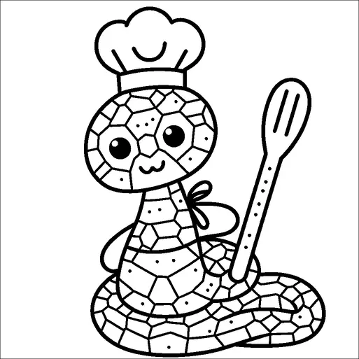 A snake wearing a chef's hat and an apron is holding a spatula. The snake has a patterned, mosaic-like texture on its body. It has large, friendly eyes and a small smile. The spatula is upright, suggesting it's ready to cook.