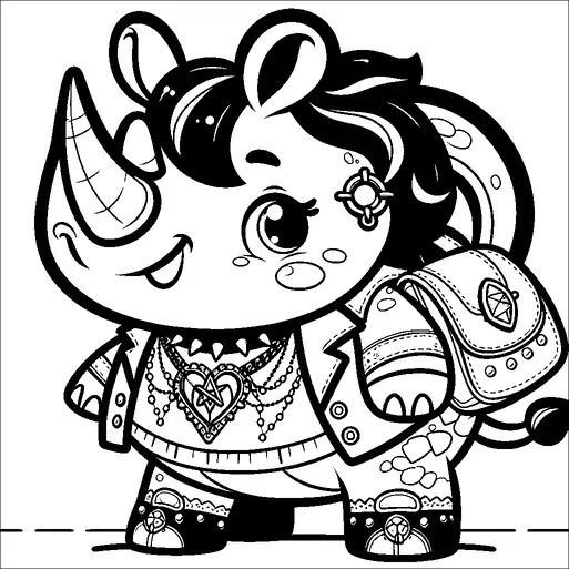 A whimsical rhino character is dressed in a punk style with a spiked choker and heart-shaped necklace. The rhino sports multiple earrings and carries a decorated backpack. It has a stylish hairdo and appears cheerful, adding to its playful, friendly appearance. The character is standing confidently, exuding charm and personality.