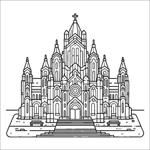 A grand cathedral is depicted with multiple spires and intricate architectural details. The structure features a large central entrance and a prominent cross at the top. Stairs lead up to the main entrance, and there are benches and pathways surrounding the building. The design highlights Gothic architectural elements.