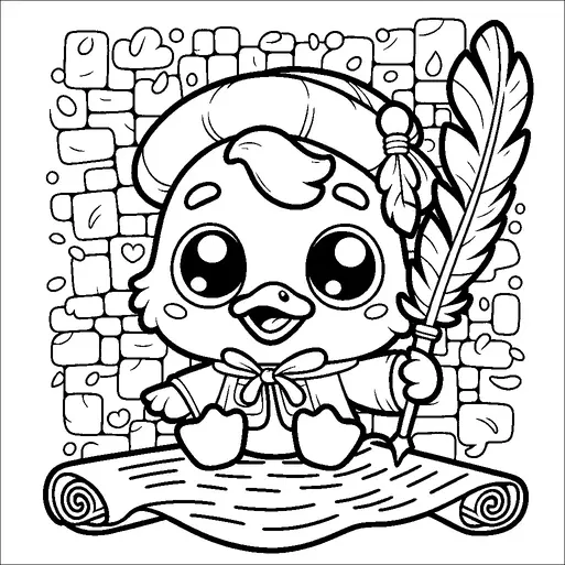 A cute duckling is dressed in a beret, holding a large feather quill pen. It sits on a rolled-out scroll, suggesting a writing or creative theme. The background consists of a pattern of stylized bricks and small hearts. The duckling has large, expressive eyes and a cheerful expression.