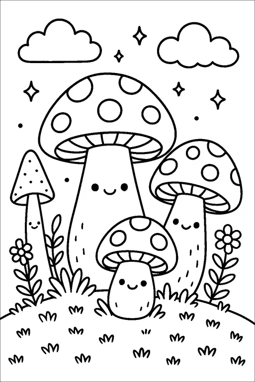 Smiling mushrooms with dot patterns stand in a whimsical setting with grass and flowers. Two clouds float in the sky, accompanied by star-like shapes. Each mushroom has a cute face, adding to the cheerful atmosphere. The scene is simple and charming, evoking a sense of joy and playfulness.