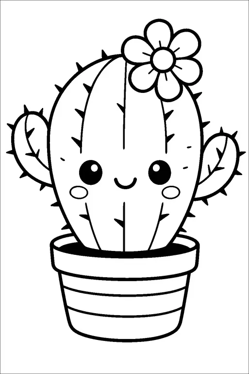 A cheerful cactus with a smiling face sits inside a flower pot. The cactus features cute round eyes, blushing cheeks, and a happy expression. It has small thorns and a decorative flower on its head. The pot has simple horizontal lines as decoration.