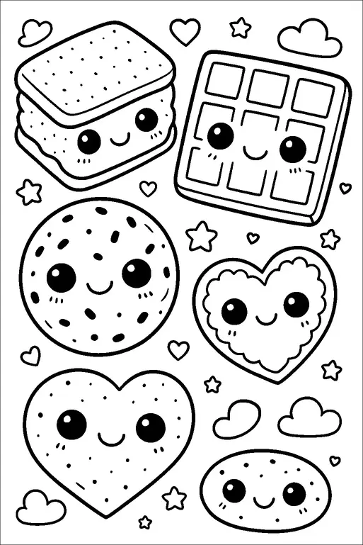 Smiling food items with cute faces are arranged in the image, including a waffle, a sandwich, a round cookie, and two heart-shaped pastries. Small stars, hearts, and clouds are scattered around them. Each character has large, friendly eyes and a cheerful expression. The overall scene is playful and inviting.