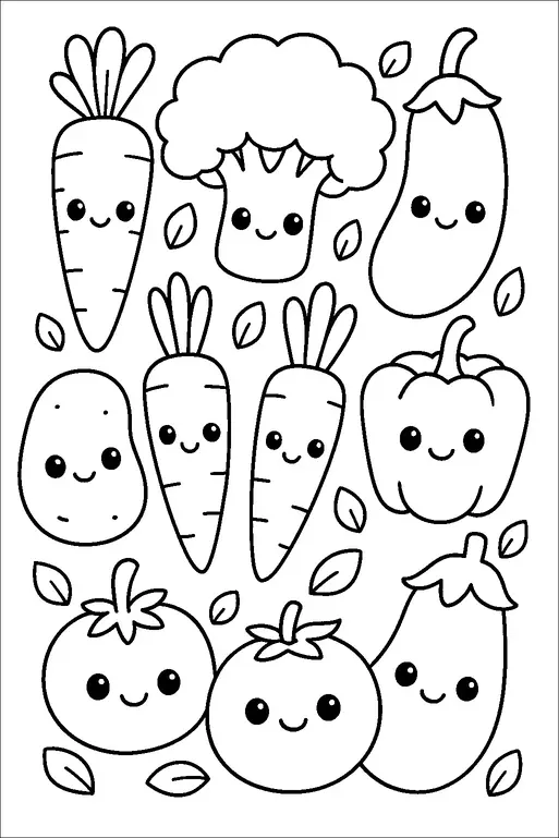 Smiling cartoon vegetables are arranged together, including carrots, a broccoli, an eggplant, a potato, a bell pepper, and tomatoes. Each vegetable has a cheerful face with eyes and a smile. Leaves are scattered around the vegetables, adding a playful touch. The overall mood is joyful and friendly.