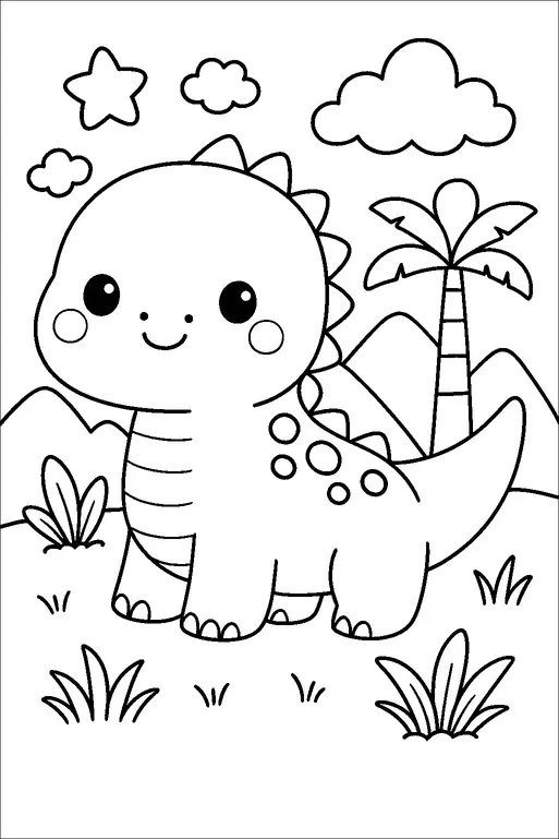 A cute dinosaur stands smiling amidst a prehistoric landscape with a palm tree, mountains, and fluffy clouds. Stars float in the sky, adding a whimsical touch to the scene. The dinosaur has round cheeks, simple spots on its back, and a friendly expression. Grass and small plants are scattered on the ground, enhancing the natural setting.