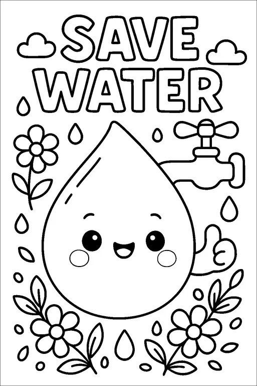 A cheerful, smiling water droplet with a face and thumbs up is at the center of the image. Above it, the words "SAVE WATER" are prominently displayed. To the right, there's a faucet with water droplets near it. Flowers and leaves surround the water droplet, with clouds depicted above the text. The overall message promotes water conservation.