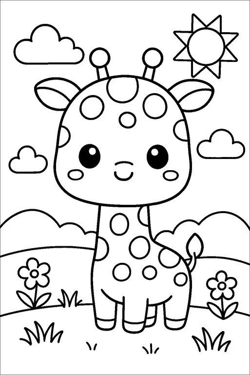 A cute giraffe with large eyes and a spotted pattern stands in a grassy landscape. Behind it, there are two simple flowers and fluffy clouds in the sky. A sun can be seen in the corner, shining brightly. The scene conveys a cheerful and child-friendly atmosphere.