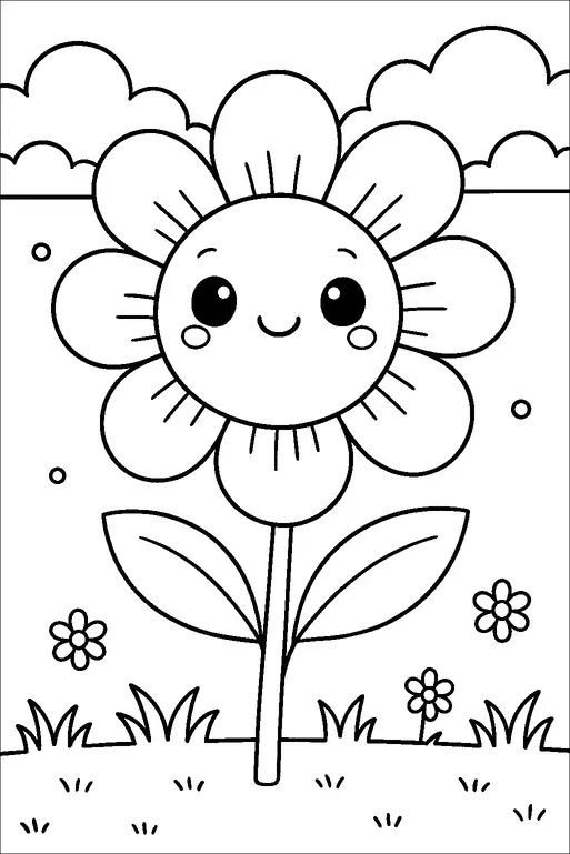 A cheerful, smiling flower with large petals stands in a grassy field, surrounded by smaller flowers. The sky is decorated with fluffy clouds and small circles. This scene exudes a sense of happiness and simplicity. The flower's face is the focal point, conveying a playful and welcoming expression.