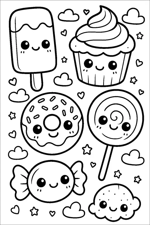 Smiling, adorable desserts including a popsicle, cupcake, donut, lollipop, candy, and cookie are surrounded by small hearts, stars, and clouds. Each treat has cute facial expressions, adding a playful and cheerful vibe. The arrangement creates a lively and sweet theme that is visually delightful. The desserts are depicted in a charming and whimsical style with joyful faces.