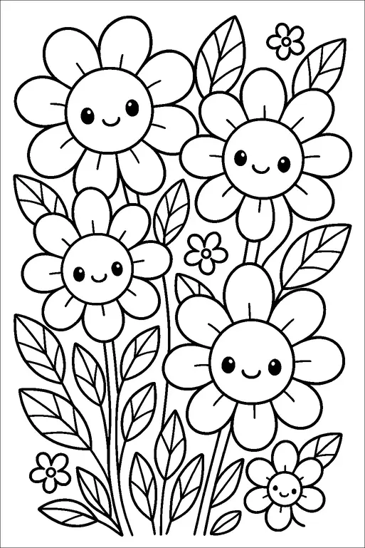 Smiling cartoon flowers with round faces are surrounded by leaves and smaller blossoms. The flowers have large petals and cheerful expressions, giving a playful and joyful vibe. Multiple leaves fill the spaces between the flowers, adding to the intricate design. The overall theme is lighthearted and nature-focused.