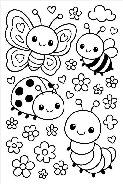A cheerful scene with a smiling butterfly, bee, ladybug, and caterpillar surrounded by flowers, clouds, and hearts. Each insect has a friendly expression and whimsical features. The butterfly has heart patterns on its wings, while the bee has classic stripes. The flowers and hearts add a playful touch to the composition.