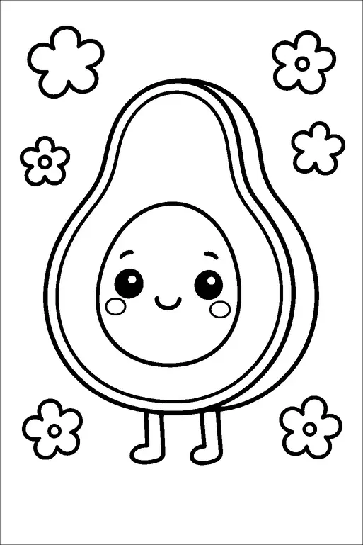 A cute avocado character stands with a smiling face and rosy cheeks, surrounded by five simple flower shapes. The avocado has tiny legs, giving it a playful appearance. The overall vibe is cheerful and lighthearted.