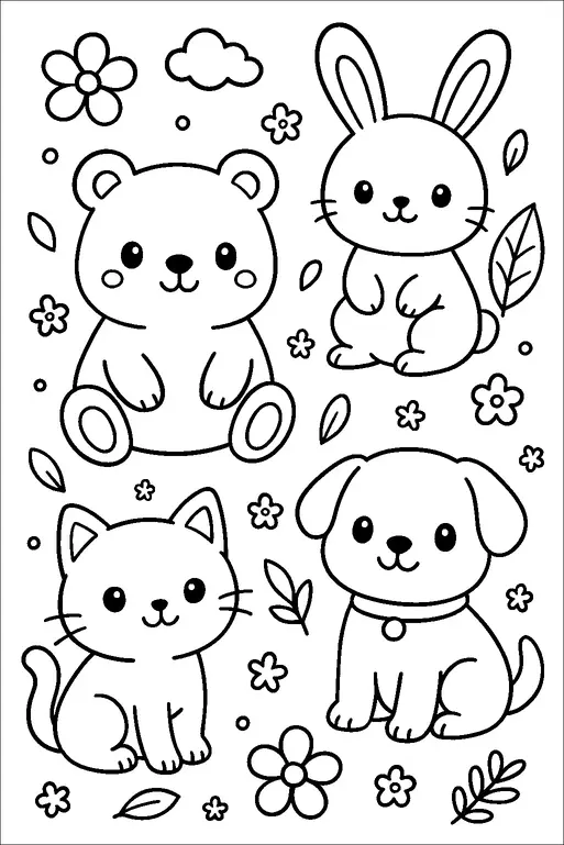 A cute illustration of four cartoon animals: a bear, a rabbit, a cat, and a dog, each sitting with friendly expressions. They are surrounded by flowers, leaves, and small clouds, creating a cheerful and playful scene. The animals have simple, round features that give them an adorable appearance. The arrangement is symmetrical with two animals on top and two at the bottom.