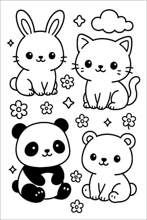 A cute illustration shows four adorable animals: a rabbit, a cat, a panda, and a bear. They are surrounded by flowers, stars, and a cloud, creating a playful and cheerful scene. Each animal has a friendly and charming expression. The combination of the animals and background elements gives a whimsical and endearing feel.
