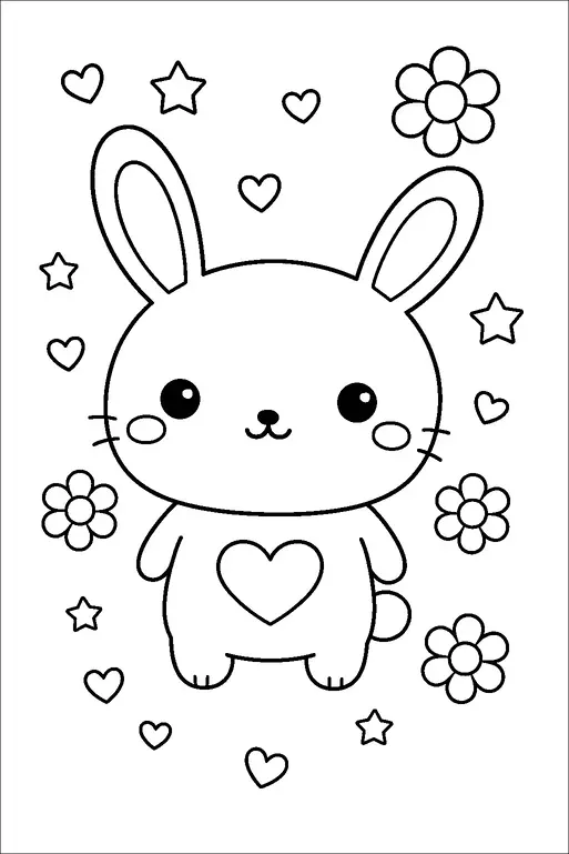 A cute bunny with large ears and a small heart on its belly is surrounded by whimsical elements. Hearts, stars, and flowers float around it, creating a playful and joyful atmosphere. The bunny's cheerful expression, complete with rosy cheeks, adds to its charm. The composition is simple yet endearing.
