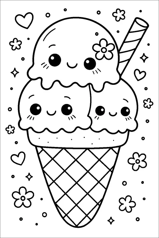 Three scoops of ice cream with smiling faces are stacked in a waffle cone. One scoop has a flower decoration, and a striped wafer stick is placed alongside it. The background is decorated with hearts, stars, and flowers. The overall theme is cheerful and playful.