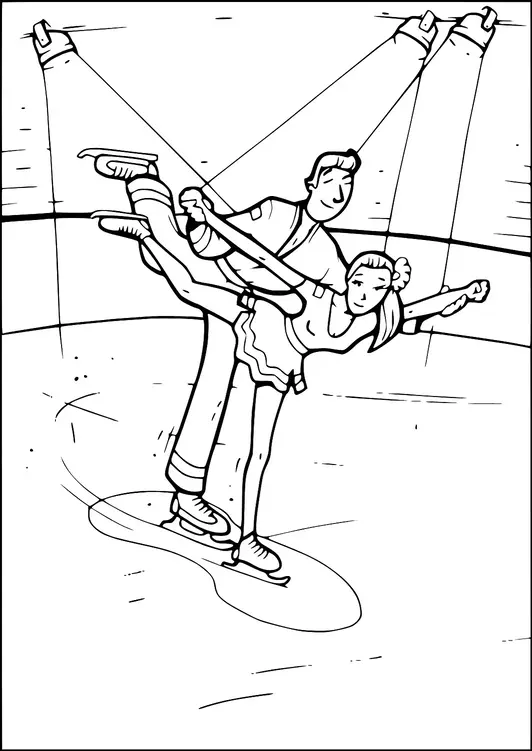 Una pareja de patinadores artísticos realiza una elegante elevación sobre el hielo, con el patinador masculino sosteniendo a su compañera que extiende sus brazos y pierna con elegancia. Los focos iluminan a los patinadores, proyectando sombras en la pista. El fondo es una representación simple de una pista de hielo con detalles mínimos. Ambos patinadores llevan trajes de patinaje tradicionales.