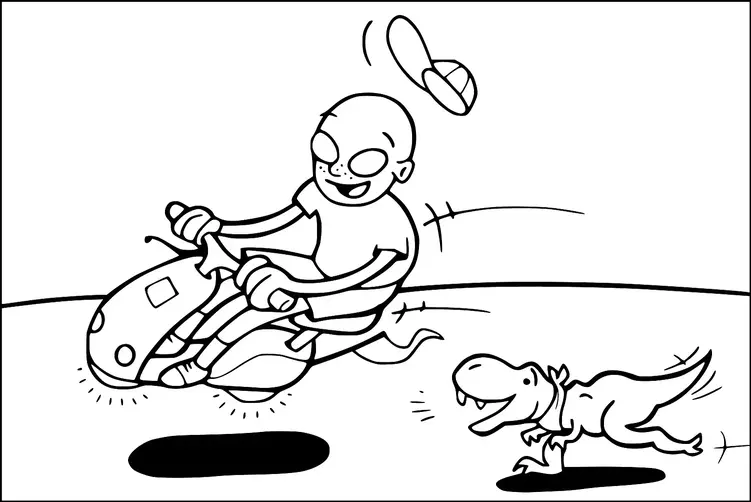Un niño sonriente monta un patinete flotante futurista, con una gorra volando detrás de él. Un pequeño dinosaurio de aspecto amigable corre alegremente a su lado. La escena sugiere una aventura juguetona en un mundo fantástico.