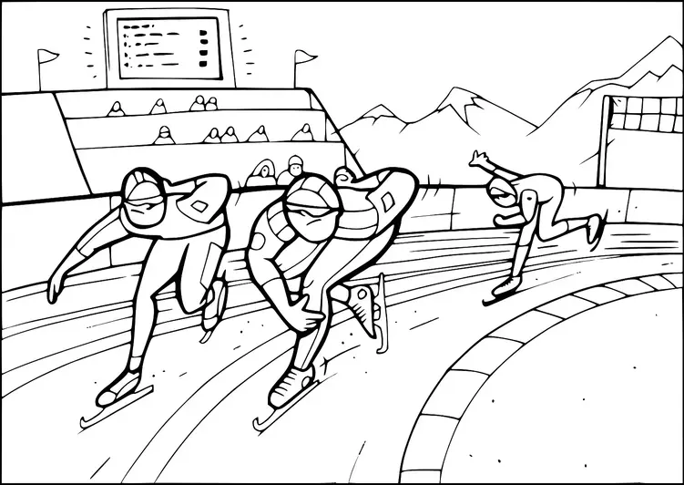 Tres patinadores de velocidad compiten alrededor de una pista de hielo bajo un marcador. Los espectadores observan el evento desde las gradas, con montañas nevadas visibles en el fondo. Los patinadores llevan cascos y están a mitad de zancada, mostrando su destreza atlética. Banderas en postes están colocadas alrededor de la pista, añadiendo a la atmósfera competitiva.