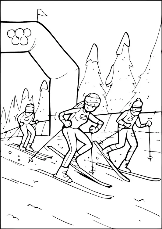 Tres esquiadores de fondo están compitiendo a través de un bosque nevado, cada uno utilizando bastones para navegar por el terreno. Un arco con una bandera marca una parte del recorrido, sugiriendo un evento competitivo. Grandes árboles de hoja perenne están en el fondo. Todos los esquiadores están equipados con equipo de deportes de invierno, incluyendo gorros y gafas.