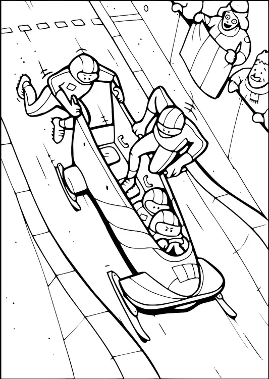 Un equipo de bobsleigh está en acción, corriendo por una pista helada. Dos miembros del equipo están empujando el trineo al inicio, mientras que otros dos están sentados en el interior. Los espectadores están animando desde los lados, abrigados con ropa de invierno. La escena transmite emoción y velocidad en un evento de deportes de invierno.