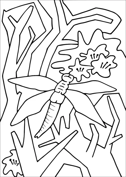 Una libélula está revoloteando cerca de flores en plena floración contra un telón de fondo de ramas de árboles abstractas. La escena captura un momento en la naturaleza, destacando la interacción entre el insecto y la flora. Las ramas crean un entorno angular y dinámico. La composición enfatiza la armonía que se encuentra en los entornos naturales.