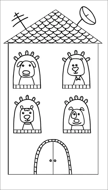 Una casa con techo de tejas, una antena y una antena parabólica tiene cuatro animales sonrientes asomándose por sus ventanas. Los animales incluyen dos leones, un oso y un perro. Cada animal está enmarcado por ventanas redondeadas decoradas con un borde festoneado. La casa tiene una gran puerta doble arqueada en la parte inferior.