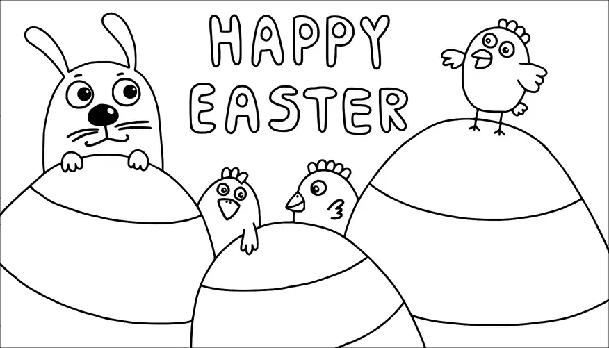 Un conejo y tres pollitos se asoman desde detrás de grandes huevos de Pascua. Un pollito está posado en la parte superior de un huevo, mientras que el conejo mira juguetonamente por el borde. Las palabras "FELIZ PASCUA" están prominentemente mostradas en la parte superior. La escena es alegre y festiva.