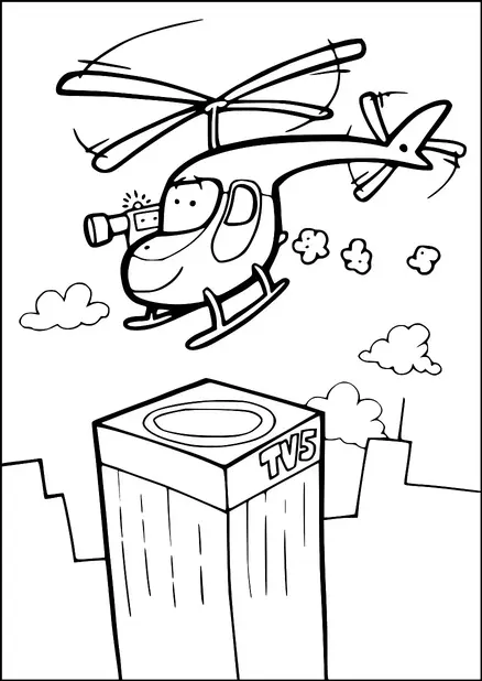 Un helicóptero equipado con una cámara está volando sobre una ciudad, cerca de un edificio alto marcado con la etiqueta "TV5". Las nubes flotan en el cielo alrededor del helicóptero. Parece que el helicóptero está capturando imágenes. La ciudad se representa con algunos rascacielos en el fondo.