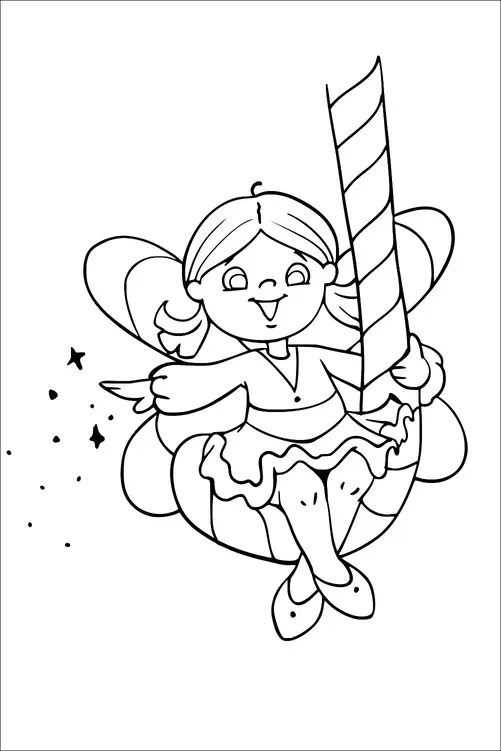 Un hada con alas sostiene un poste a rayas mientras se sienta en un bastón de caramelo. Ella tiene una expresión alegre y está rodeada de pequeñas estrellas. Su atuendo incluye un vestido con volantes. La escena transmite una sensación de vuelo mágico.