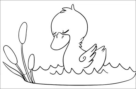 Un pequeño pato con los ojos cerrados flota en el agua, rodeado de plantas de espadaña en un lado. El pato parece tranquilo y sereno. El agua se representa con líneas onduladas. La escena sugiere un ambiente pacífico de estanque.