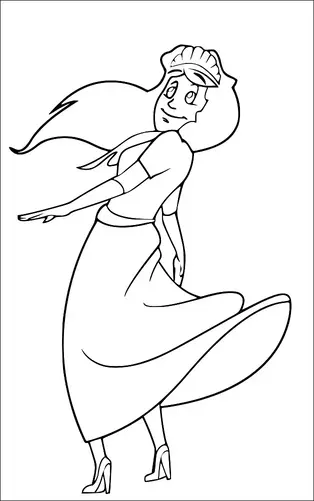 Una mujer con cabello largo y fluido lleva una falda larga y tacones altos. Sus brazos están ligeramente extendidos y parece estar equilibrándose o girando. Su expresión es pensativa con una suave sonrisa. Un sombrero de chef adorna su cabeza, añadiendo un toque caprichoso.