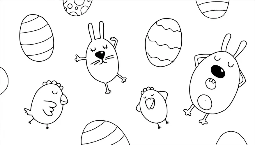 Conejos y pollos con los ojos cerrados están dispersos por la imagen, rodeados de huevos de Pascua decorados. Cada personaje tiene una expresión sencilla, y los huevos presentan diferentes patrones, como rayas y ondas. La escena transmite un ambiente lúdico y festivo. Los animales y los huevos están posicionados al azar en el espacio.