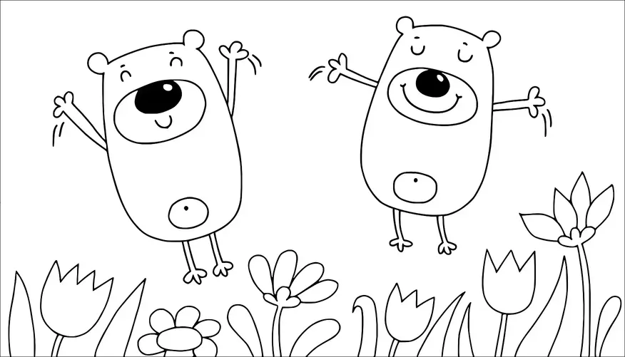 Dos osos de dibujos animados saltan alegremente con los brazos levantados, ambientados en un fondo de flores en flor. Los osos tienen expresiones felices, y la escena es juguetona y alegre, capturando un momento animado en la naturaleza.
