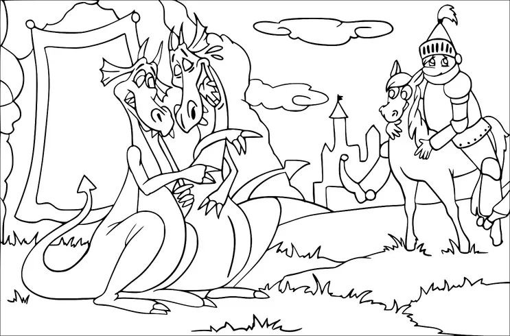 Dos dragones de estilo caricaturesco están sentados y abrazándose en un paisaje con nubes y un castillo en el fondo. Un caballero con armadura está sentado en un caballo cerca, mirando en su dirección. La escena parece alegre y humorística. El entorno incluye un pequeño camino y algunas áreas con césped.
